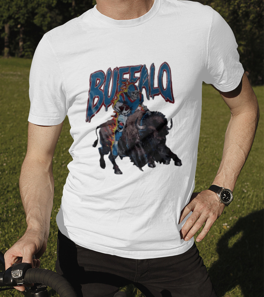 Buffalo Bills Skeleton Football Player Riding Charging Buffalo T-Shirt