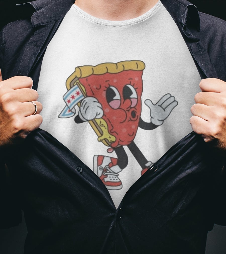 Chicago Meet The Foodies Lucy Lou Pizza Slice Walking Pizza With Chicago Flag And Sneakers T-Shirt