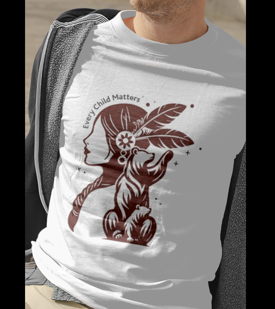 Every Child Matters Indigenous Woman Profile With Bear And Feathers T-Shirt