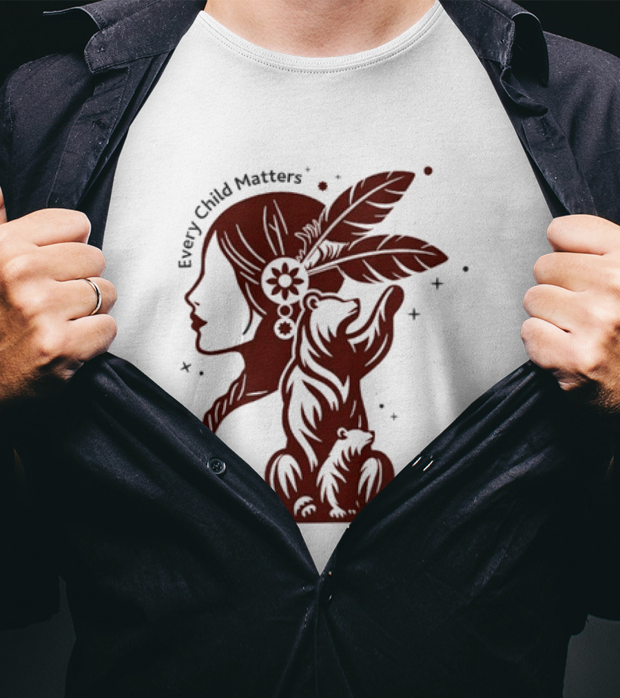 Every Child Matters Indigenous Woman Profile With Bear And Feathers T-Shirt