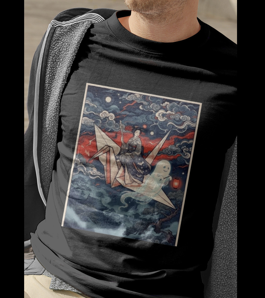Witch And Ghost Halloween 2026 Japanese Origami Lantern Night Sky T-Shirt