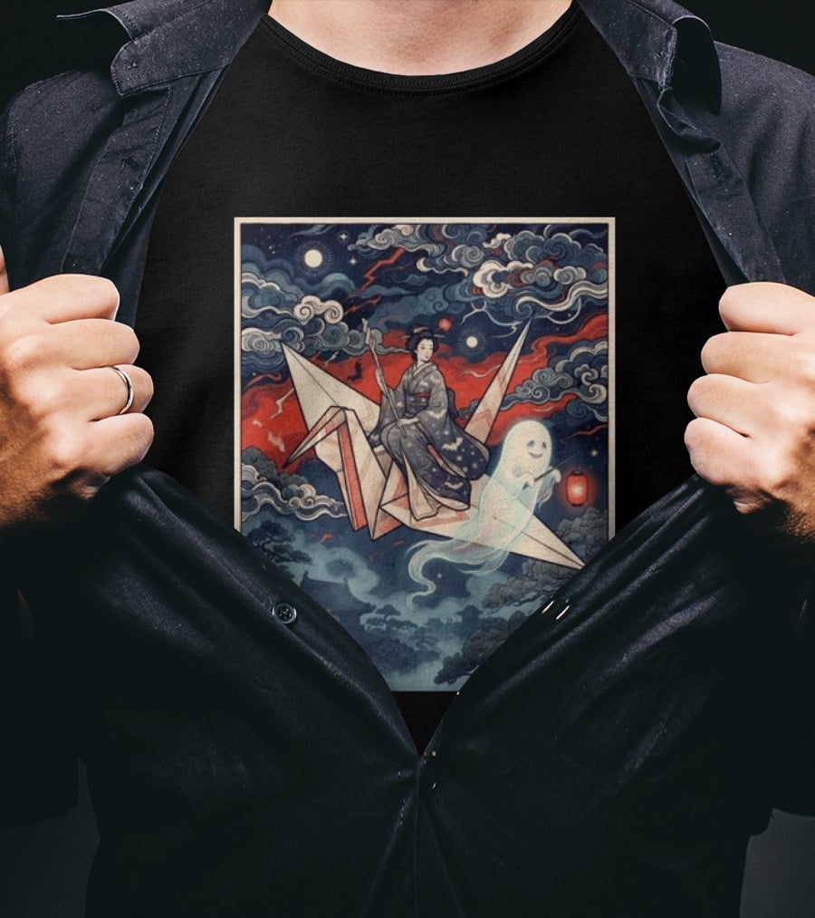 Witch And Ghost Halloween 2026 Japanese Origami Lantern Night Sky T-Shirt