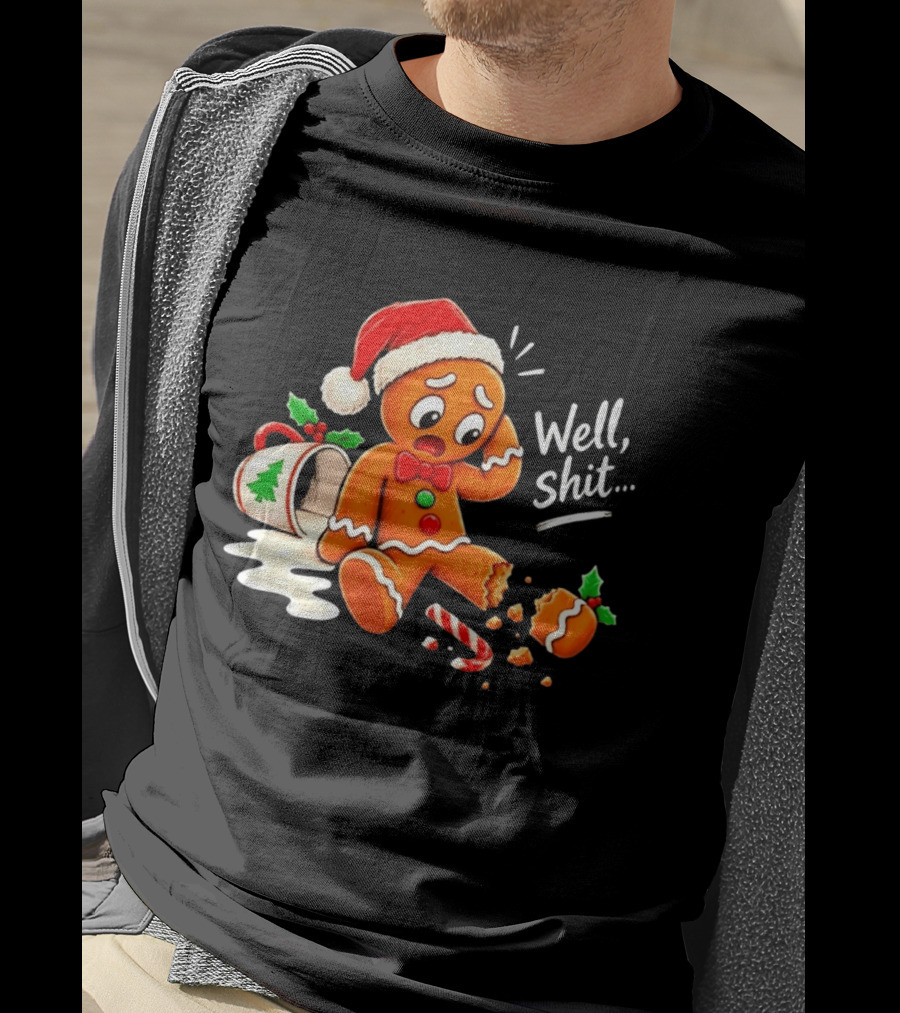 Well Shit Gingerbread Man Christmas Broken Cookie Candy Cane Hat T-Shirt