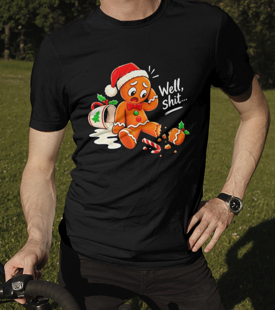Well Shit Gingerbread Man Christmas Broken Cookie Candy Cane Hat T-Shirt