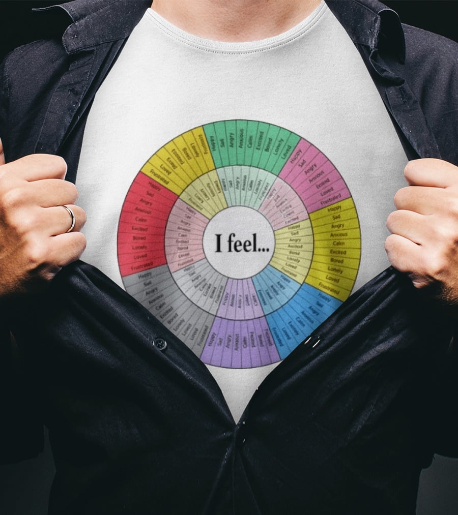 I Feel Emotion Wheel Chart Mental Health Happy Sad Angry Calm Anxious Excited Bored Loved Lonely Frustrated T-Shirt