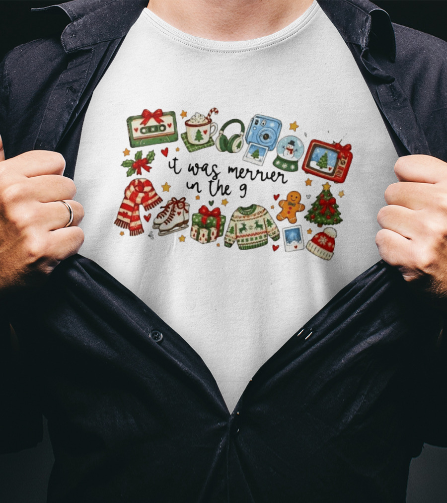 It Was Merrier In The 90s Christmas Nostalgia Cassette Hot Cocoa Skates Gingerbread Instant Camera T-Shirt
