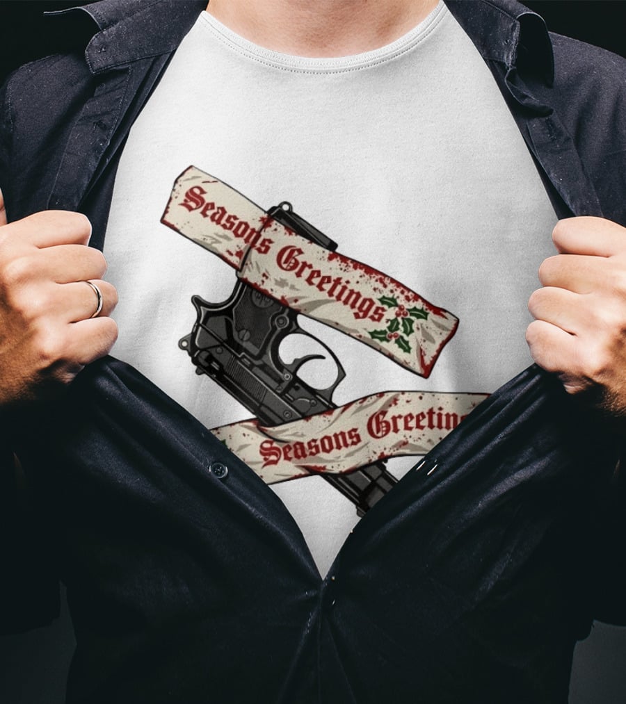 Seasons Greetings Handgun Holiday Pistol Merry Christmas T-Shirt