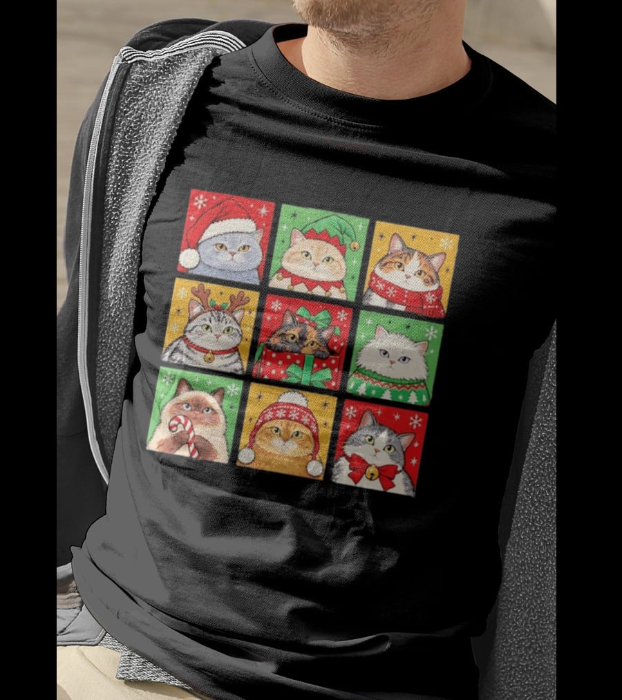 Cats In Christmas Costumes Festive Holiday Kittens Santa Hats And Gifts T-Shirt