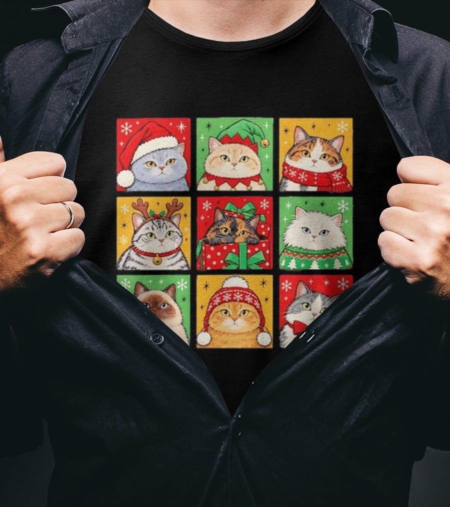 Cats In Christmas Costumes Festive Holiday Kittens Santa Hats And Gifts T-Shirt