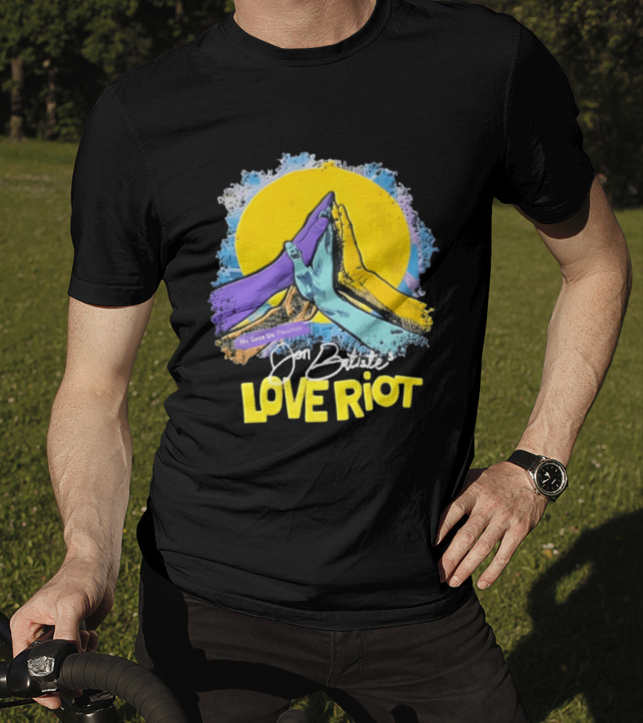 Jon Batiste He Gets Us Presents Love Riot Three Hands High Five Yellow Sun T-Shirt