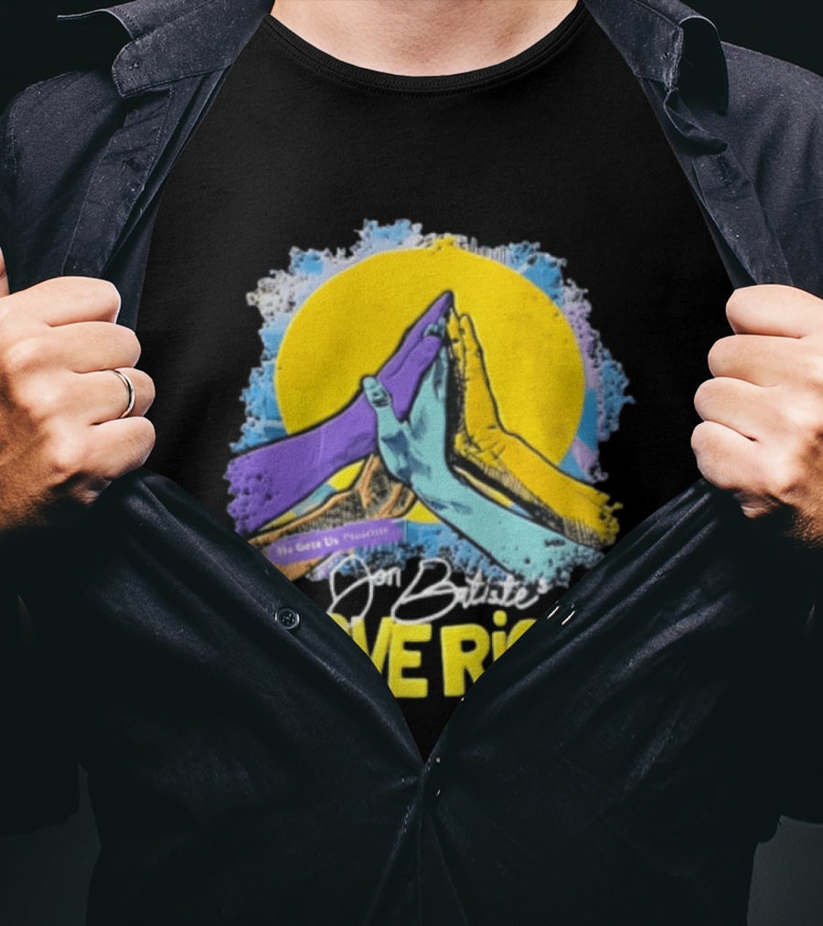 Jon Batiste He Gets Us Presents Love Riot Three Hands High Five Yellow Sun T-Shirt