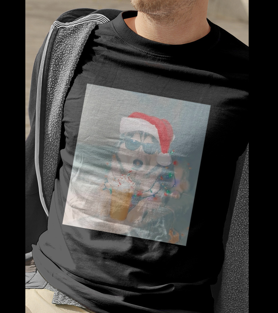 Husky Dog Santa Hat Sunglasses Christmas Lights And Holiday Drink T-Shirt