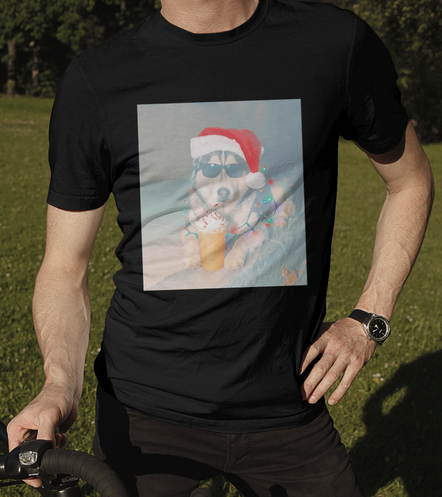 Husky Dog Santa Hat Sunglasses Christmas Lights And Holiday Drink T-Shirt