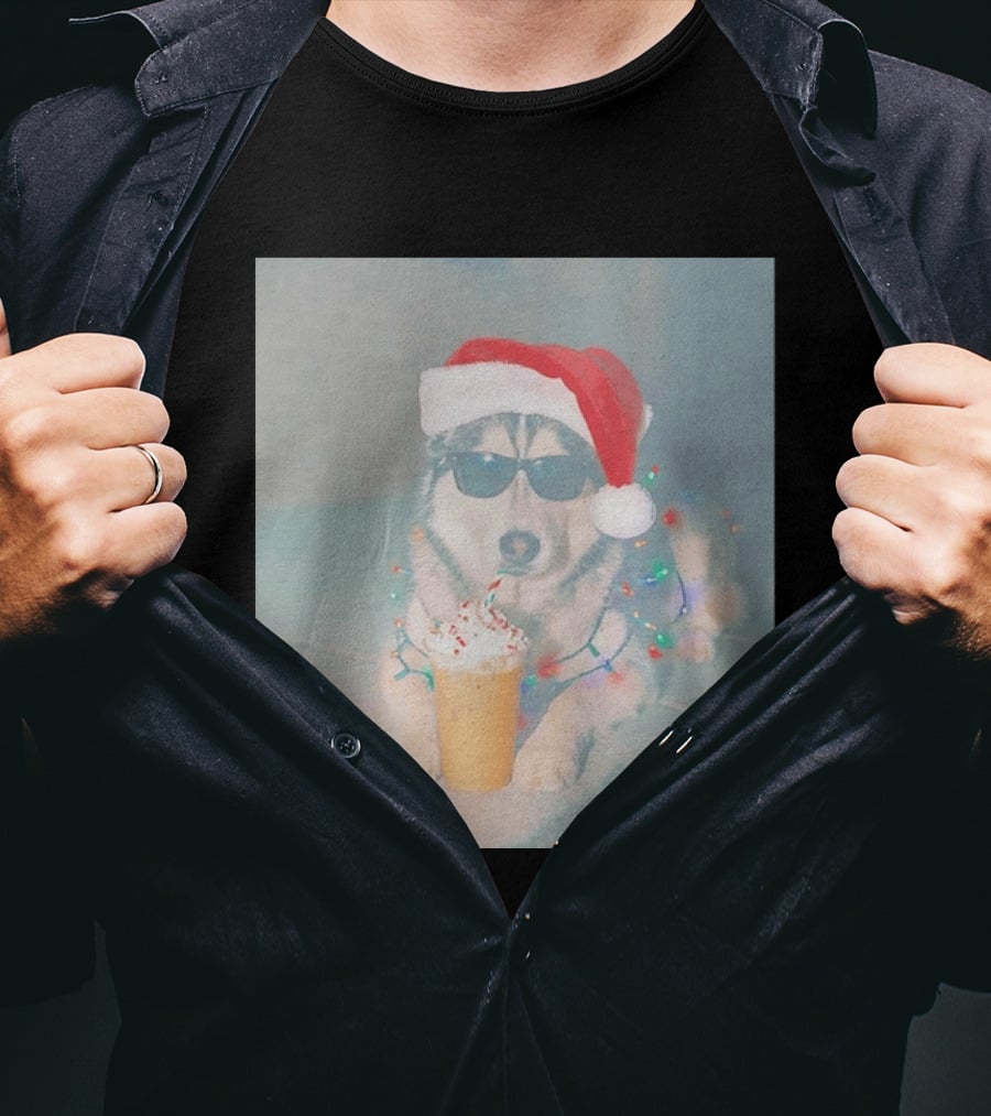 Husky Dog Santa Hat Sunglasses Christmas Lights And Holiday Drink T-Shirt