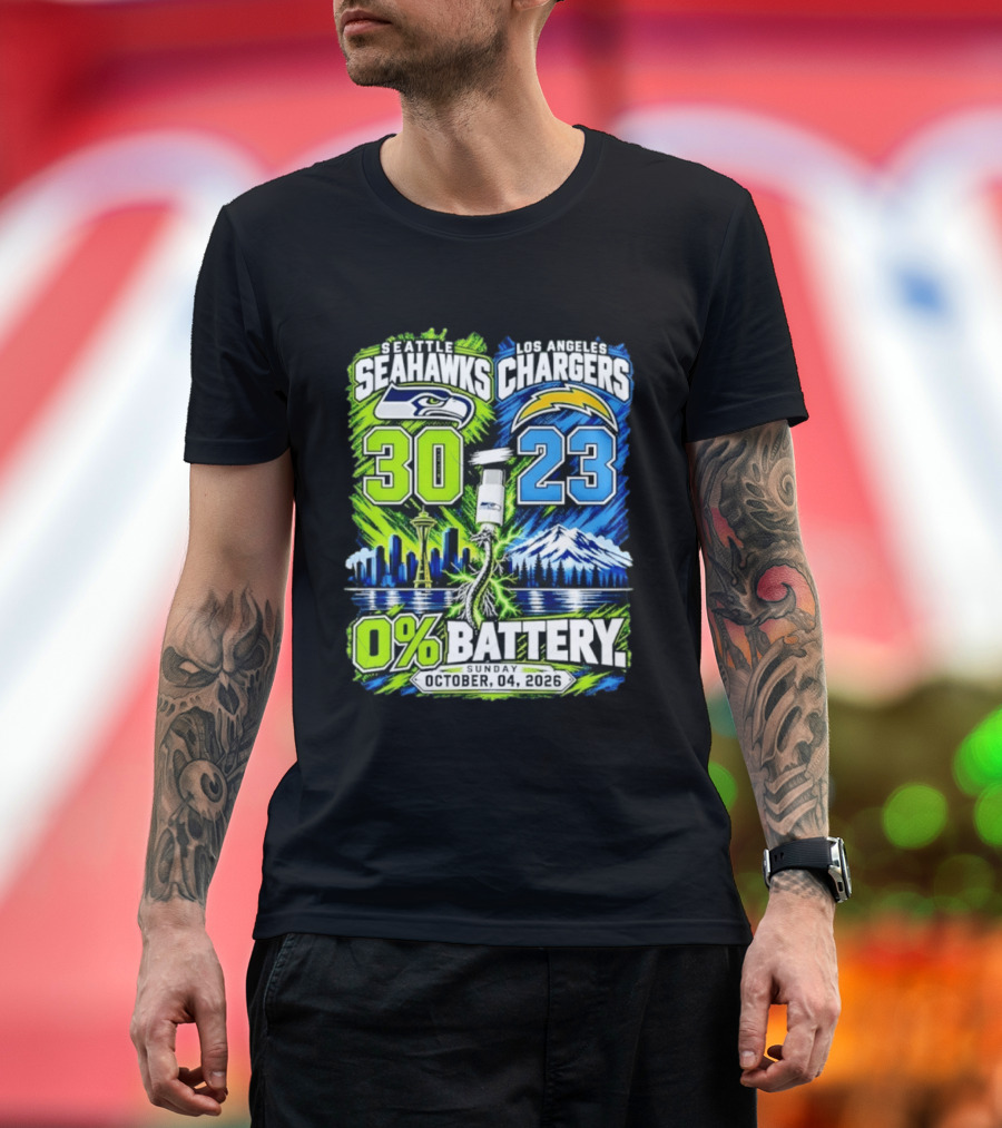 Seattle Seahawks Vs Los Angeles Chargers 30 23 Game 0% Battery October 4 2026 T-Shirt