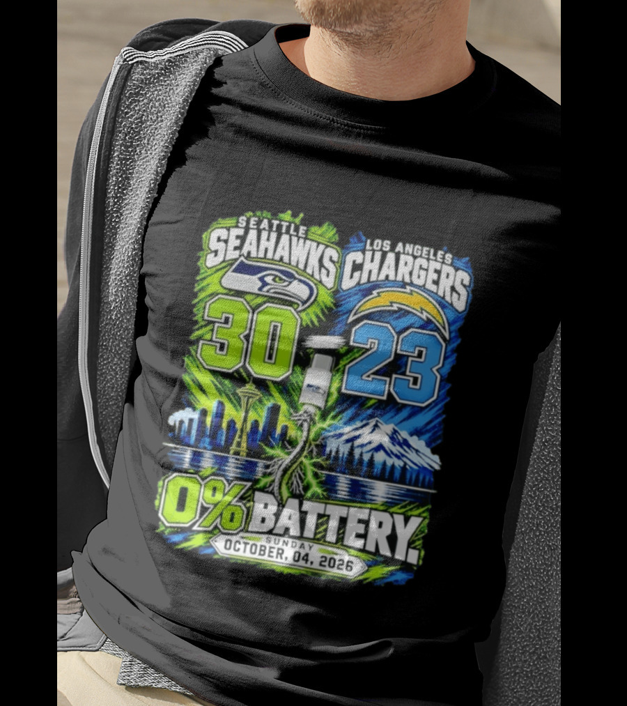 Seattle Seahawks Vs Los Angeles Chargers 30 23 Game 0% Battery October 4 2026 T-Shirt
