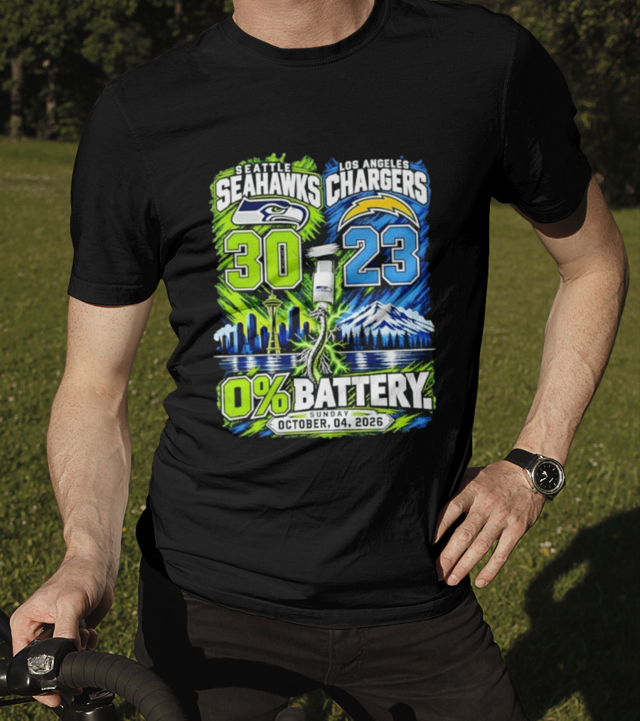 Seattle Seahawks Vs Los Angeles Chargers 30 23 Game 0% Battery October 4 2026 T-Shirt