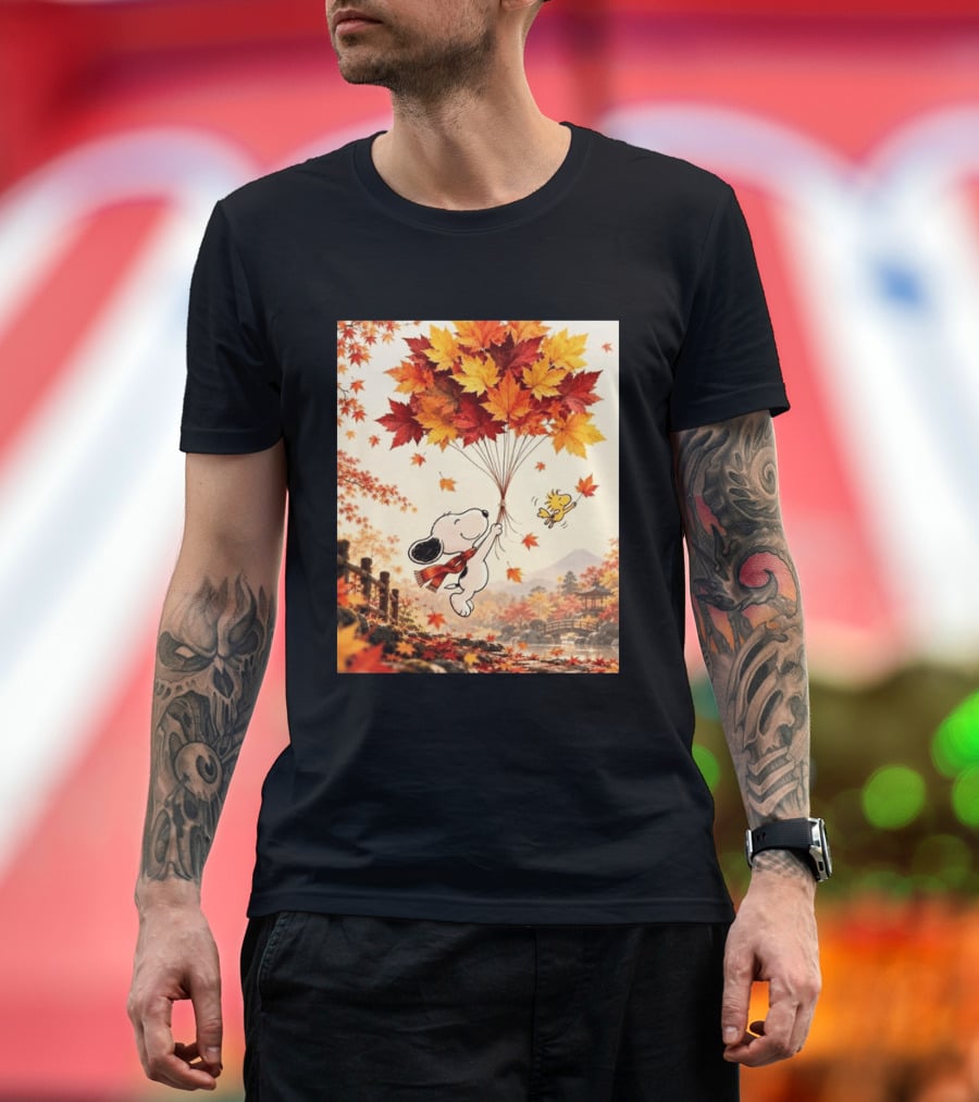 Snoopy And Woodstock Autumn Leaves Floating Scene With Tree And Bridge T-Shirt