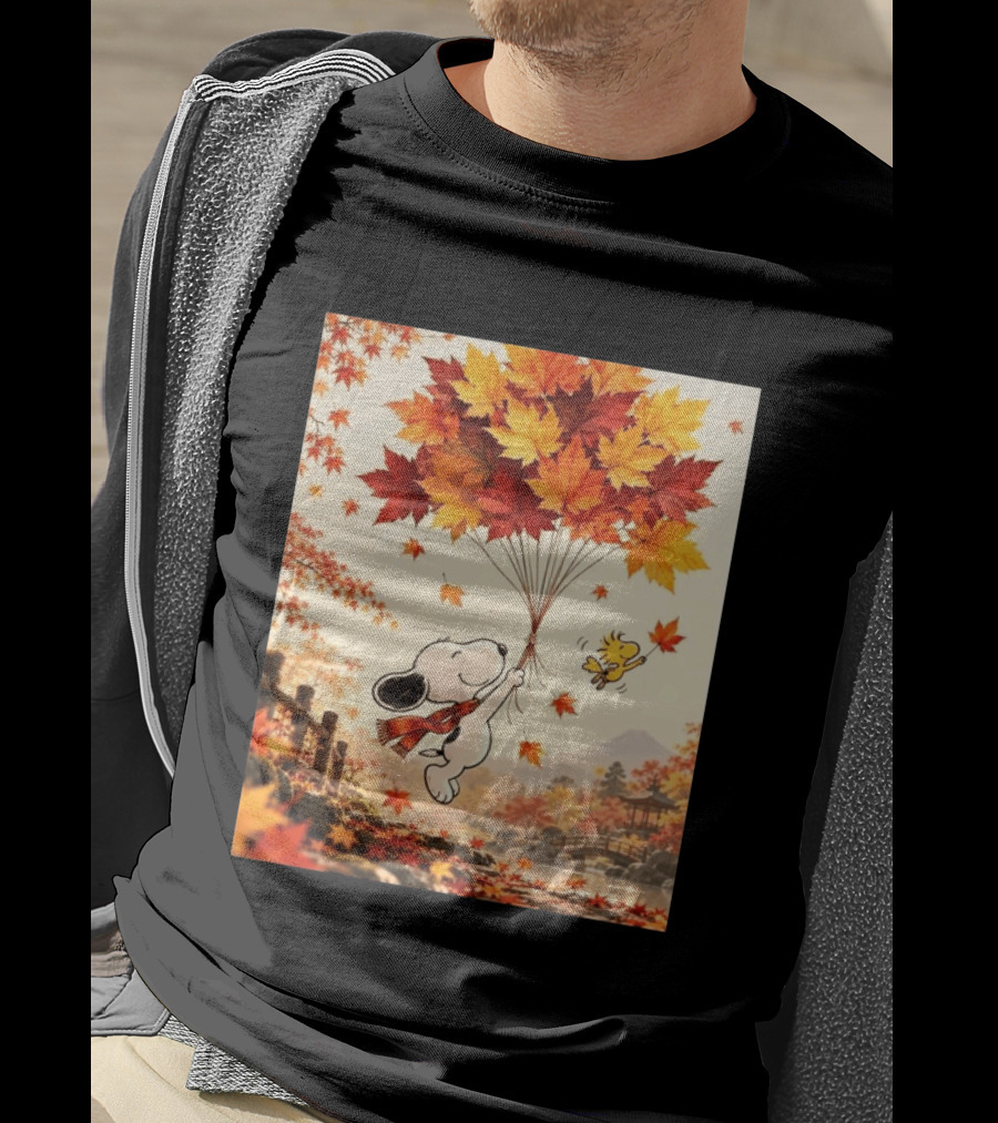Snoopy And Woodstock Autumn Leaves Floating Scene With Tree And Bridge T-Shirt
