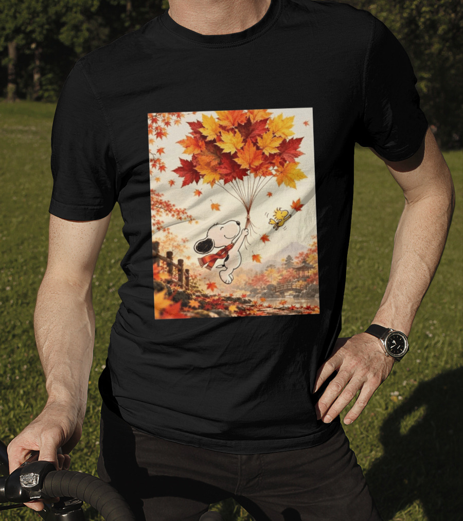 Snoopy And Woodstock Autumn Leaves Floating Scene With Tree And Bridge T-Shirt