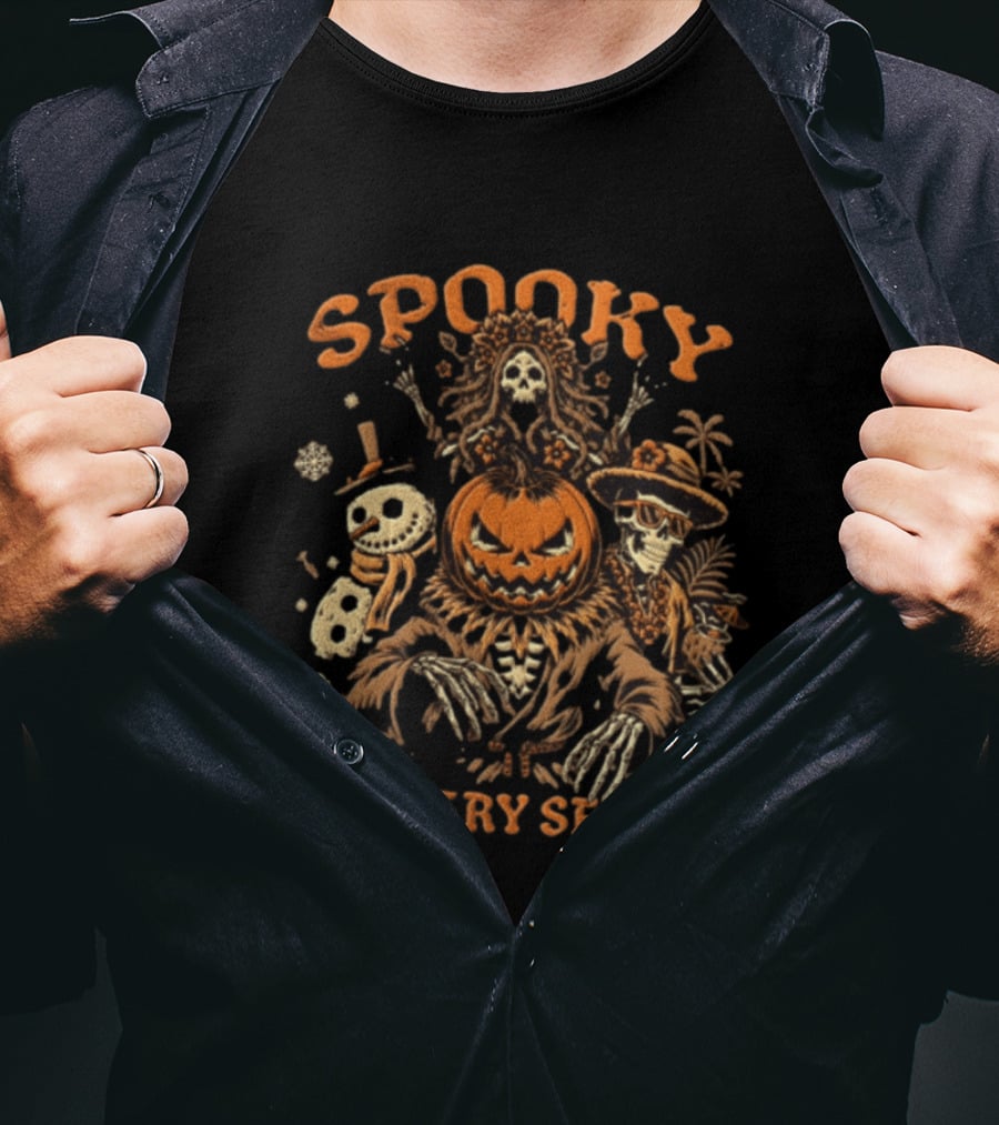 Spooky Pumpkin Head Scarecrow Skeleton Snowman In Every Season T-Shirt