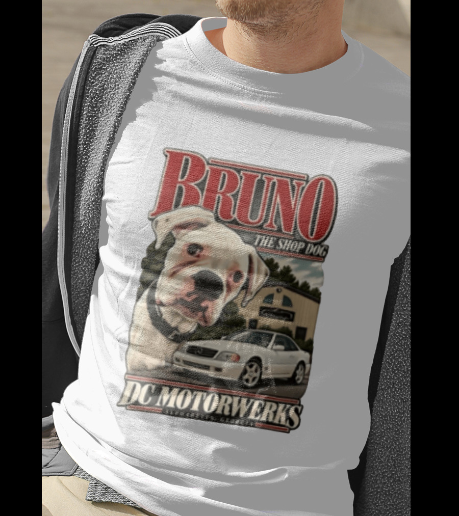 BRUNO THE SHOP DOG DC Motorwerks Alpharetta Georgia Boxer Dog White Car Building T-Shirt