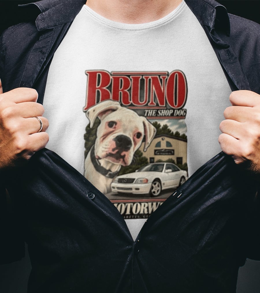 BRUNO THE SHOP DOG DC Motorwerks Alpharetta Georgia Boxer Dog White Car Building T-Shirt