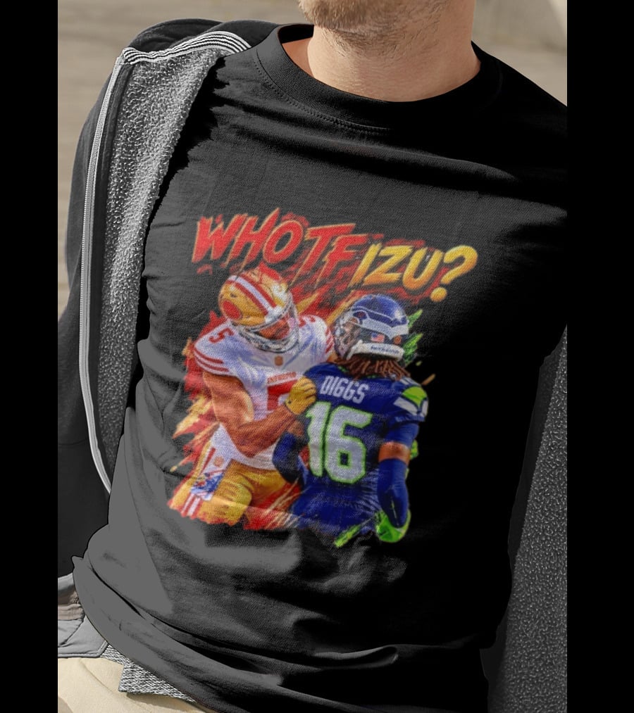Who TF Izu Diggs 16 Intrepid Football Bootleg NFL Rivalry Red Blue 49ers Seahawks T-Shirt