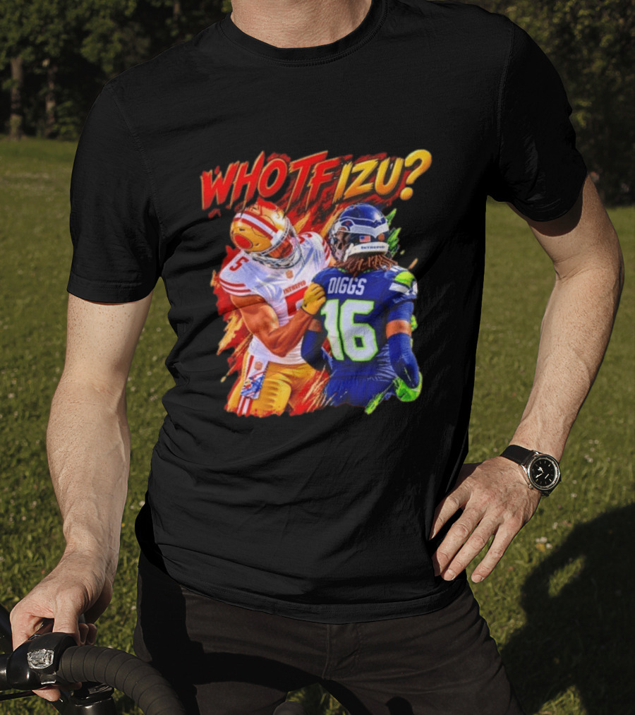 Who TF Izu Diggs 16 Intrepid Football Bootleg NFL Rivalry Red Blue 49ers Seahawks T-Shirt