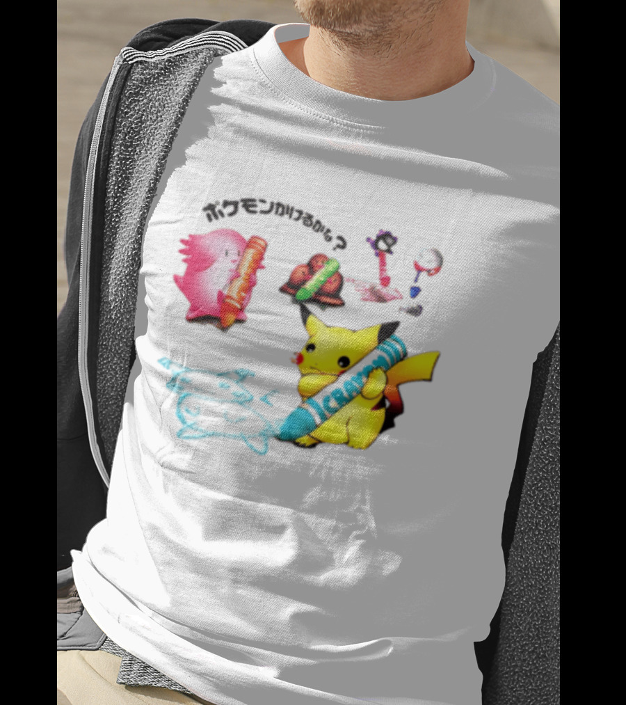 Pikachu Crayon Drawing Pokémon Characters Cartoon Art Japan T-Shirt