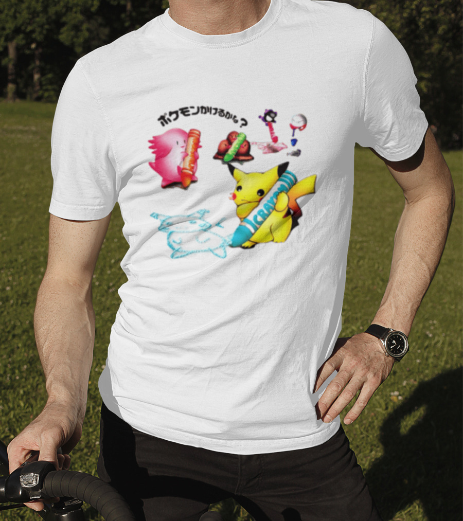 Pikachu Crayon Drawing Pokémon Characters Cartoon Art Japan T-Shirt