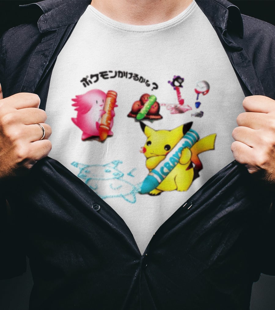 Pikachu Crayon Drawing Pokémon Characters Cartoon Art Japan T-Shirt