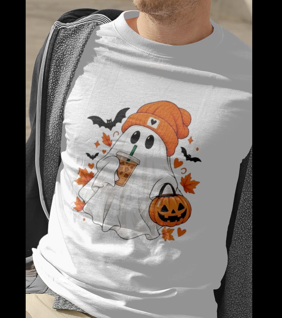 Ghost In Orange Beanie Holding Iced Coffee With Pumpkin Basket And Bat T-Shirt