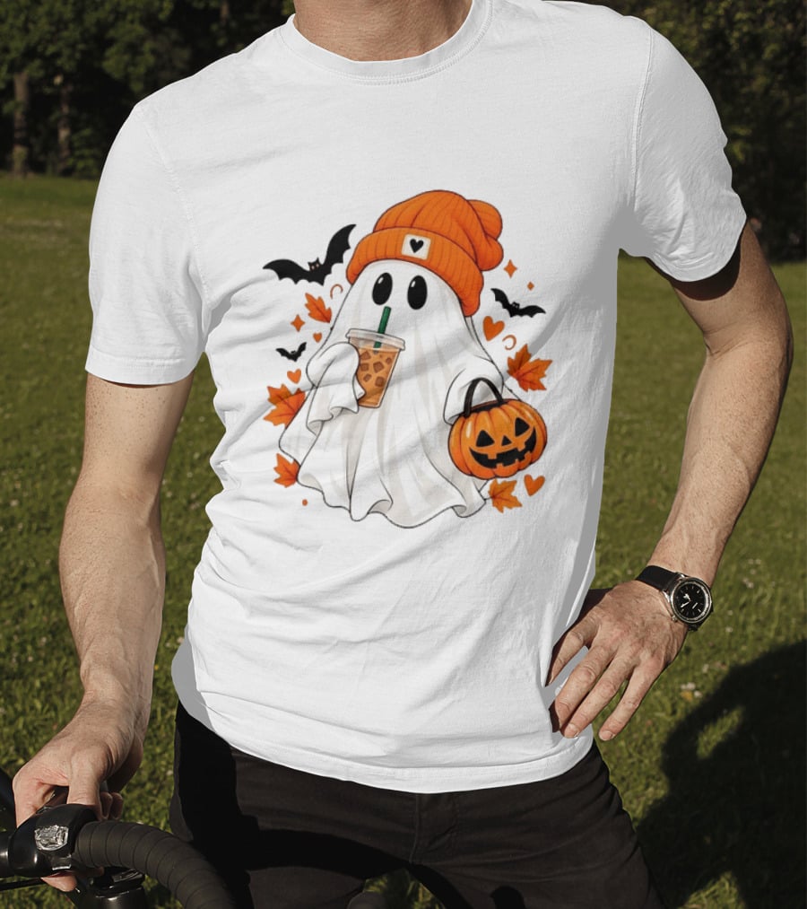 Ghost In Orange Beanie Holding Iced Coffee With Pumpkin Basket And Bat T-Shirt