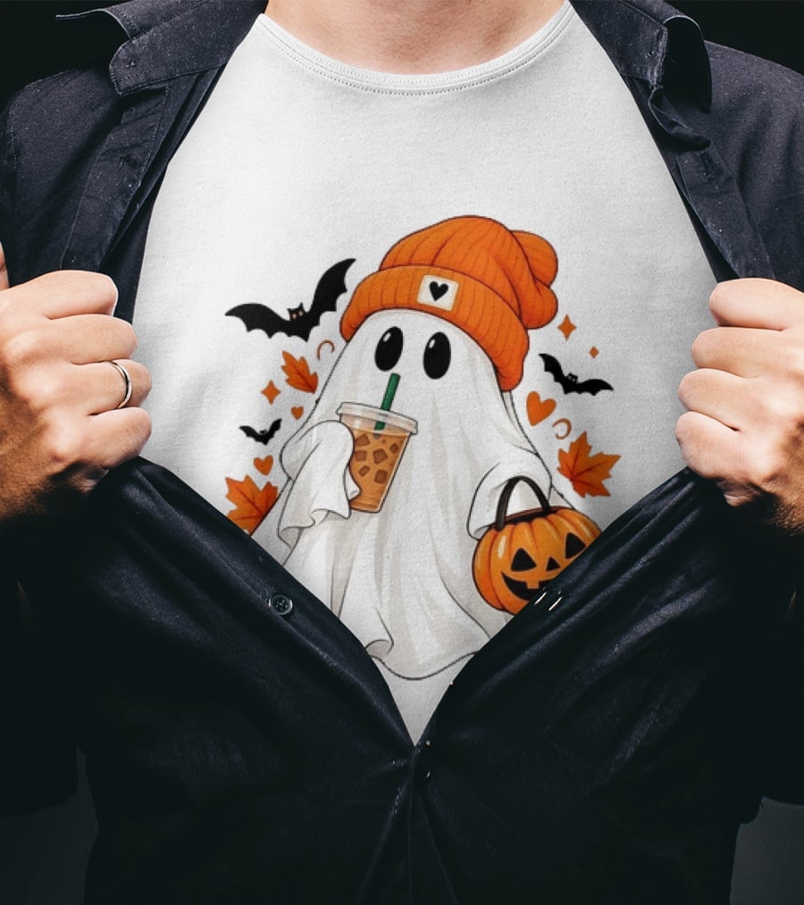 Ghost In Orange Beanie Holding Iced Coffee With Pumpkin Basket And Bat T-Shirt