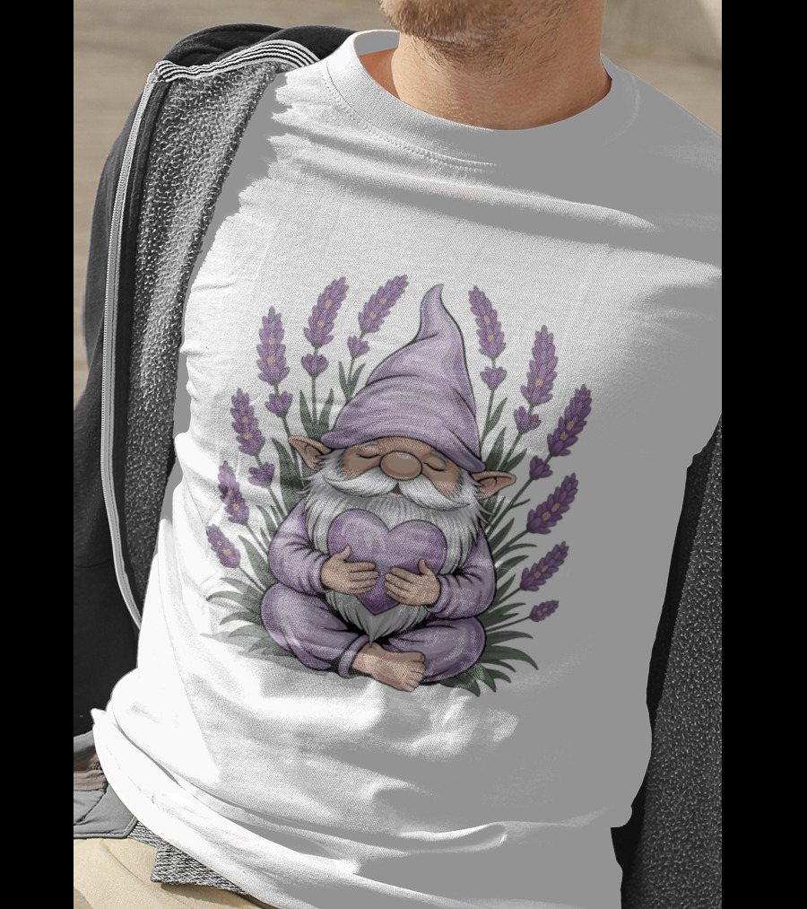 Gnome With Heart Surrounded By Lavender Flowers T-Shirt