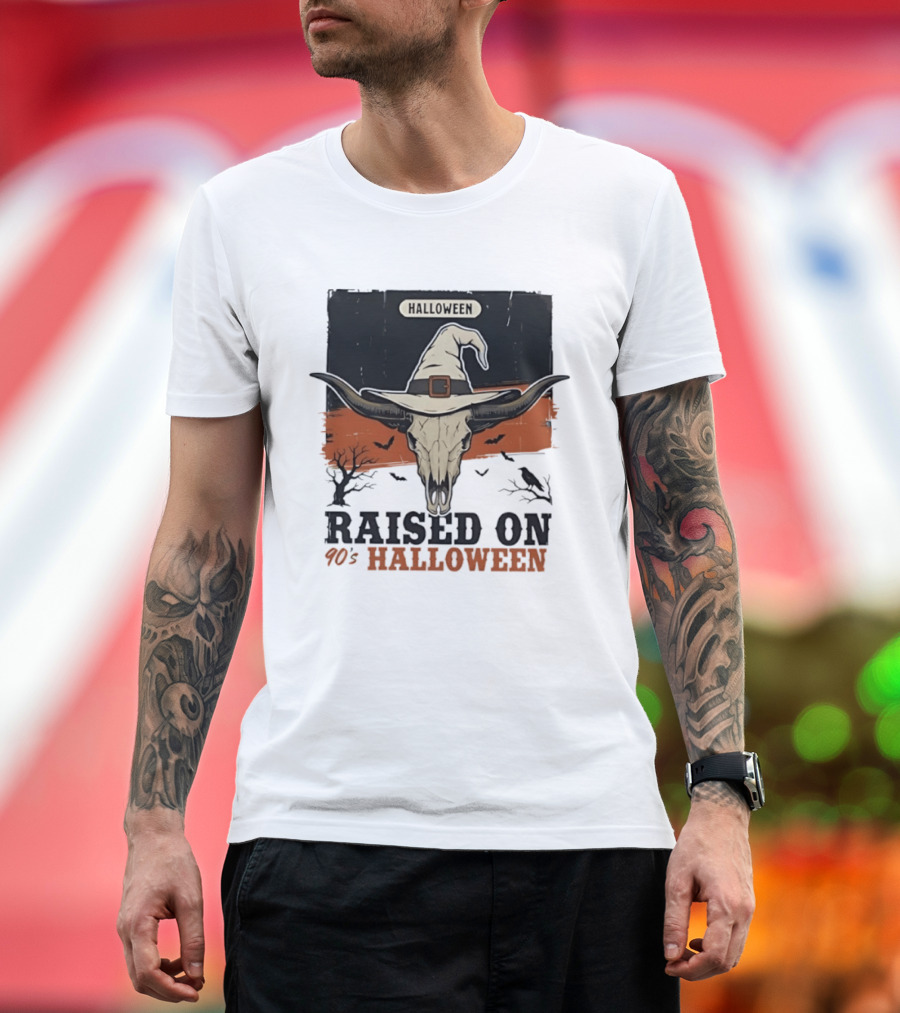 Raised On 90s Halloween Bull Skull With Witch Hat And Spooky Bats T-Shirt