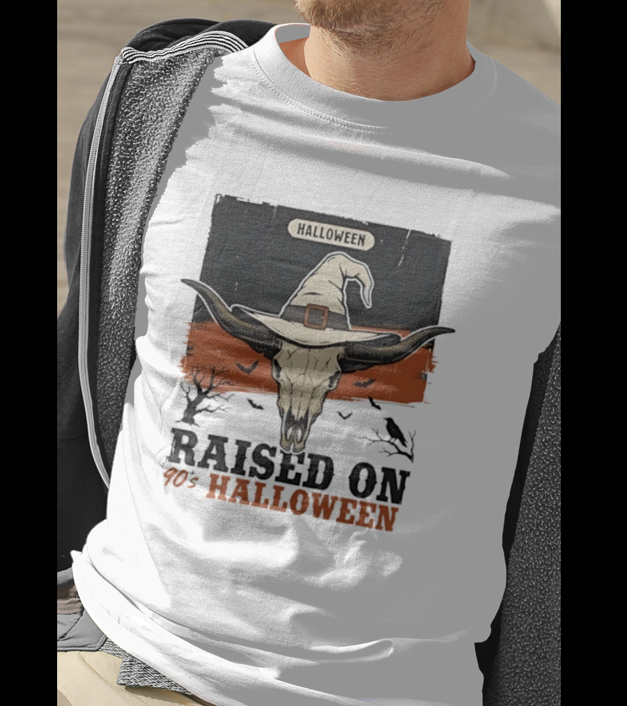 Raised On 90s Halloween Bull Skull With Witch Hat And Spooky Bats T-Shirt