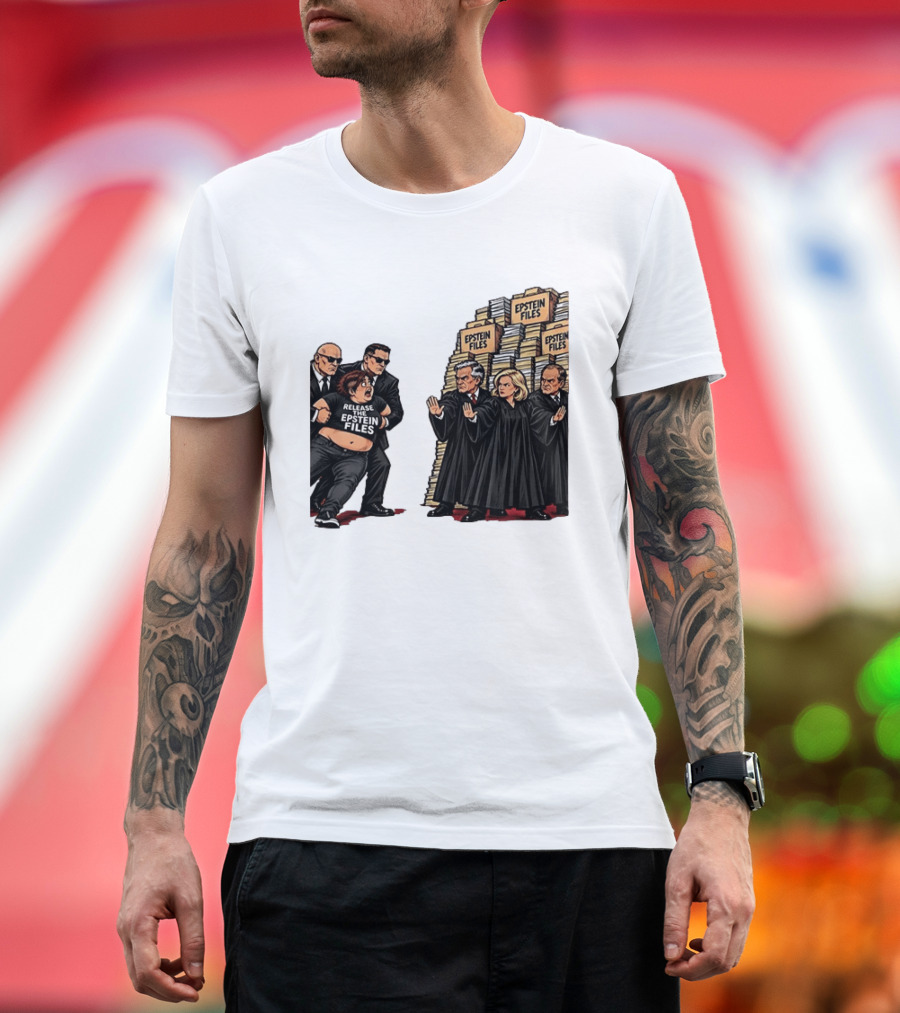 Release The Epstein Files Political Cartoon With Epstein Files Stacks And Judges T-Shirt