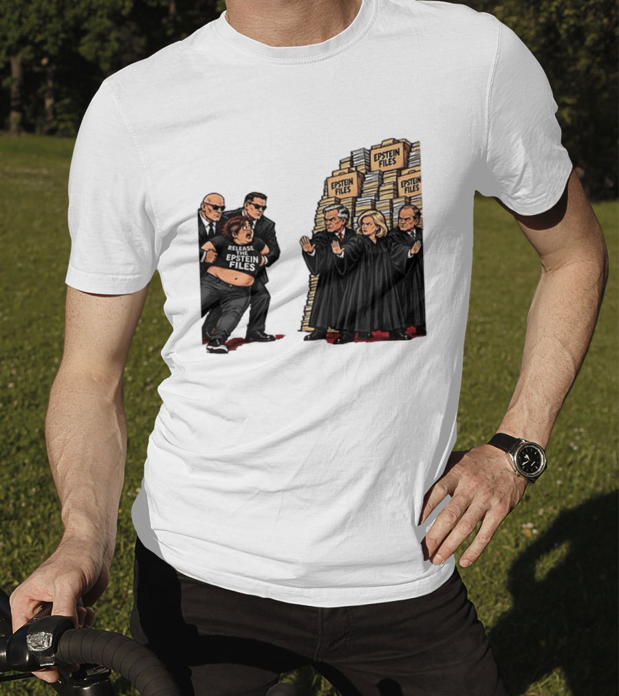 Release The Epstein Files Political Cartoon With Epstein Files Stacks And Judges T-Shirt
