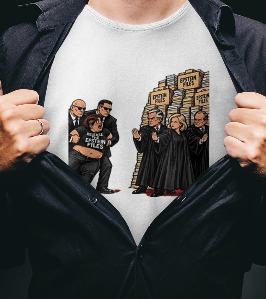 Release The Epstein Files Political Cartoon With Epstein Files Stacks And Judges T-Shirt
