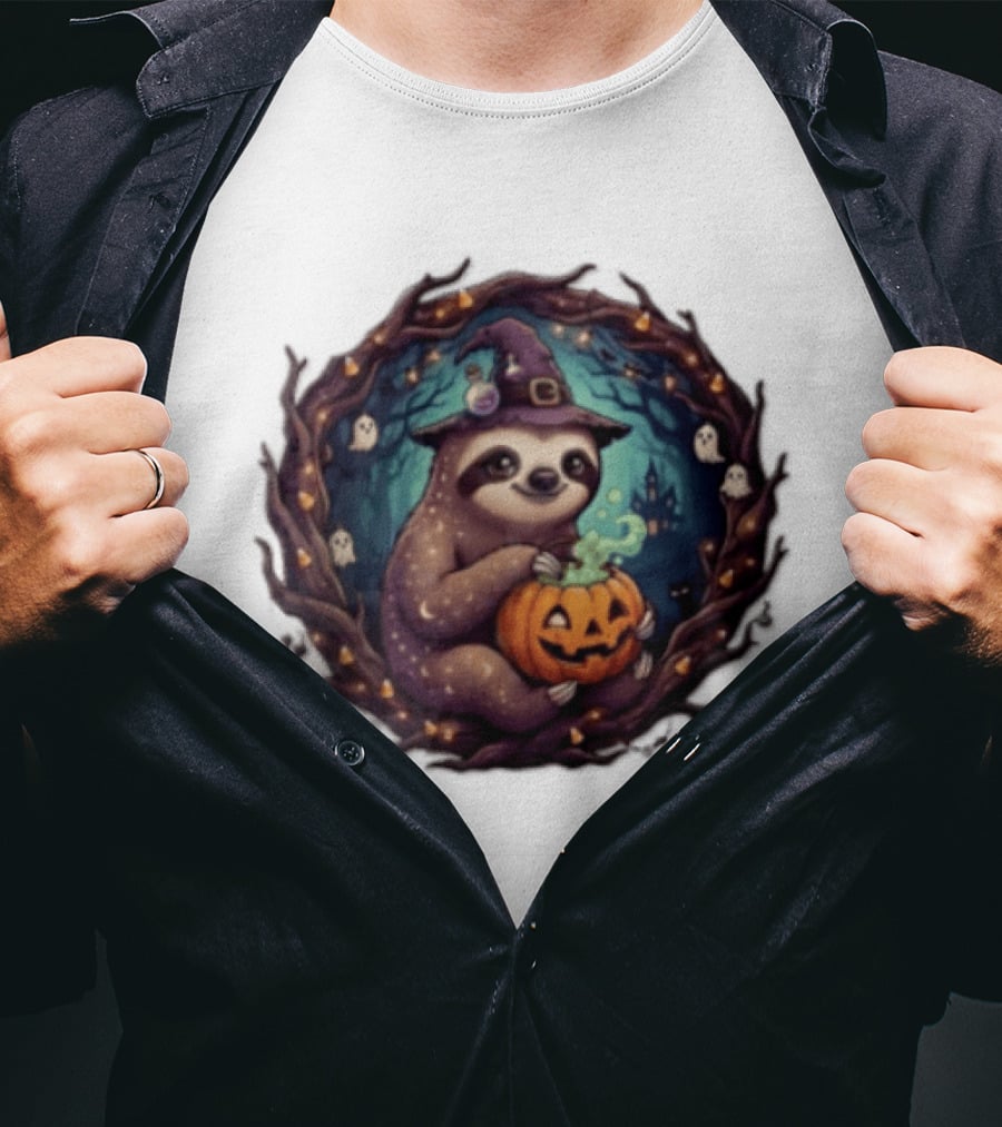 Halloween Sloth Witch Hat Pumpkin Cauldron Spooky Ghosts Forest Scene T-Shirt