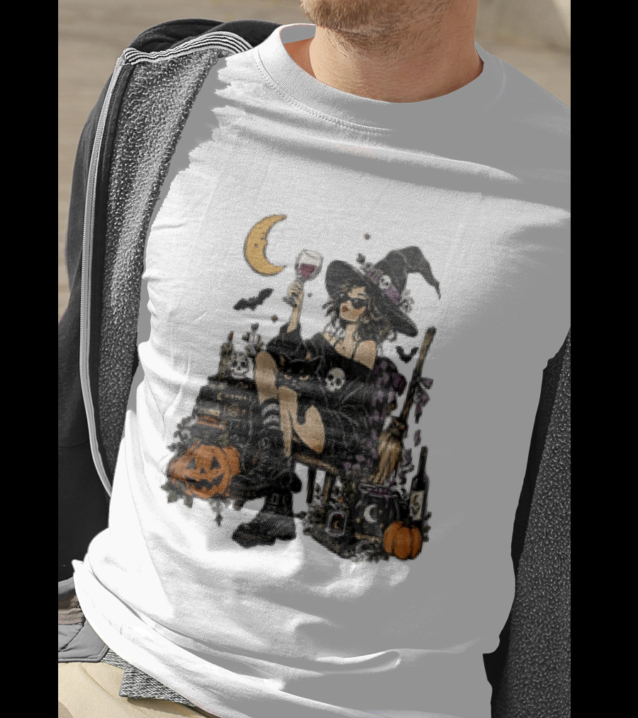 Halloween Witch Hat Sunglasses Wine Glass Black Cat Pumpkin Moon Skull Books T-Shirt