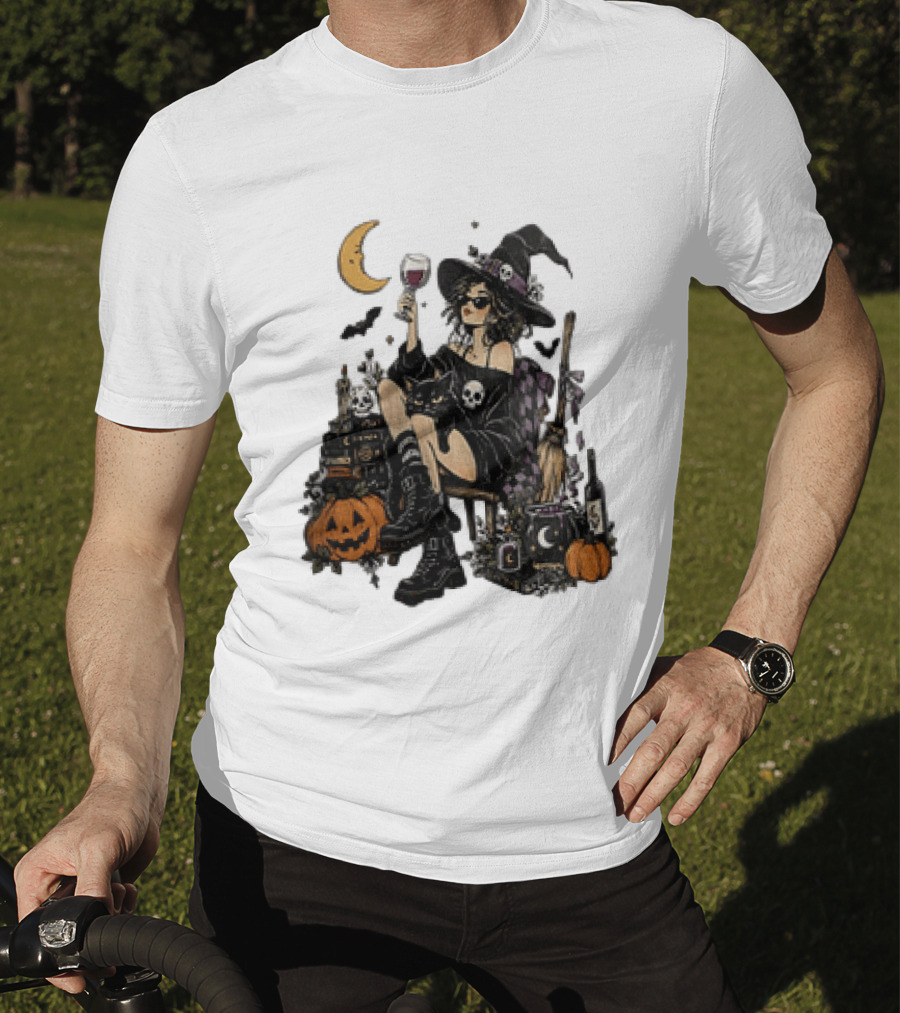 Halloween Witch Hat Sunglasses Wine Glass Black Cat Pumpkin Moon Skull Books T-Shirt