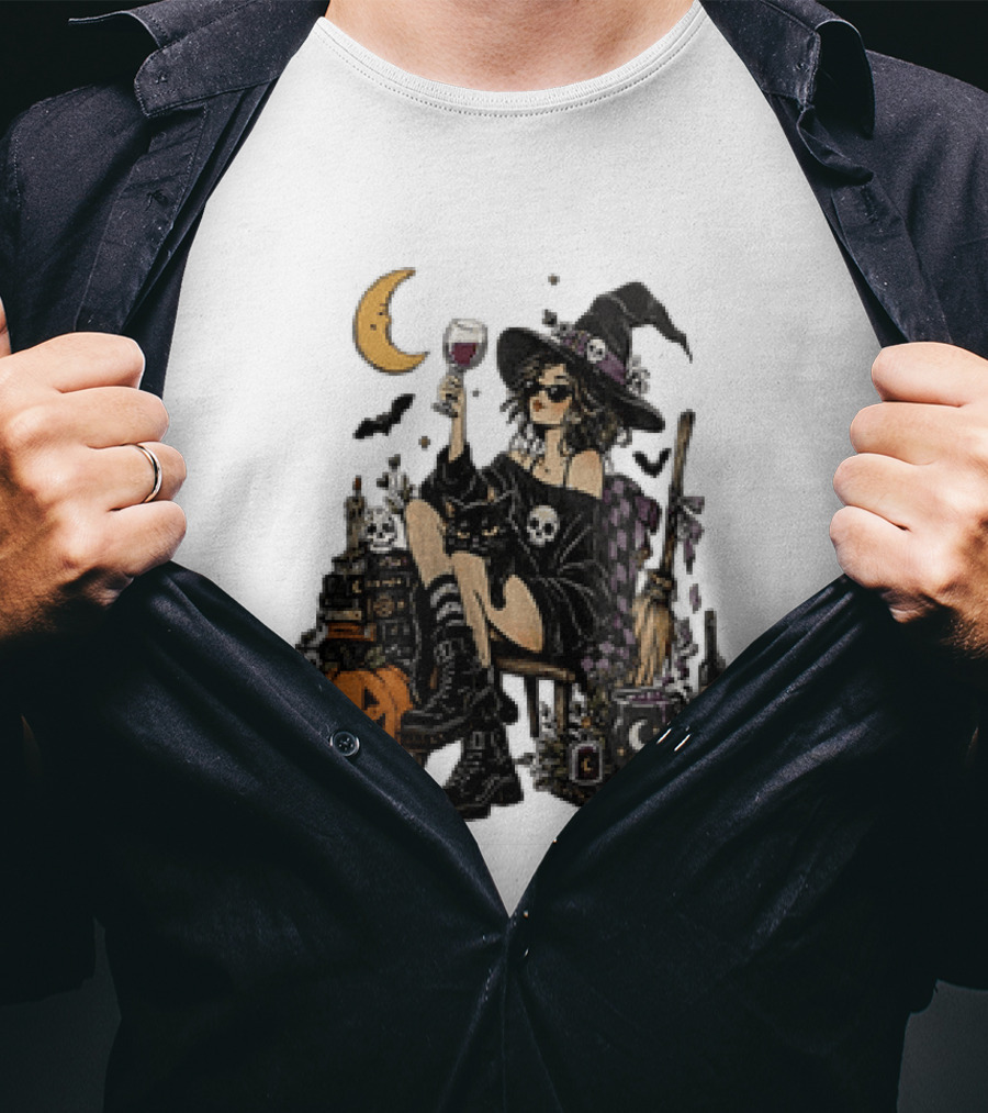 Halloween Witch Hat Sunglasses Wine Glass Black Cat Pumpkin Moon Skull Books T-Shirt