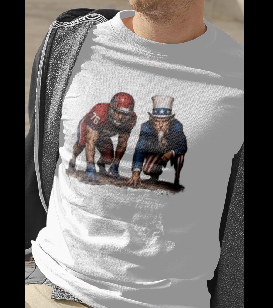 Uncle Sam And American Football Player Number 76 Crouching On Field T-Shirt