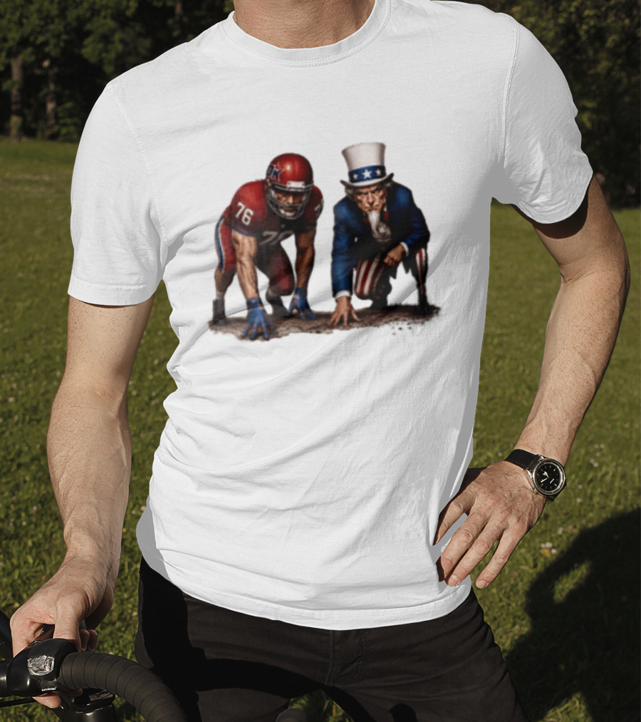 Uncle Sam And American Football Player Number 76 Crouching On Field T-Shirt