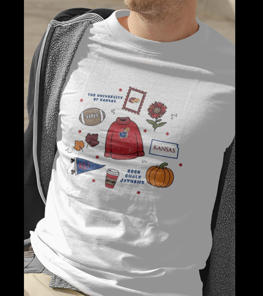 University Of Kansas Rock Chalk Jayhawk Football Fall Leaves Pumpkin KU Flag T-Shirt