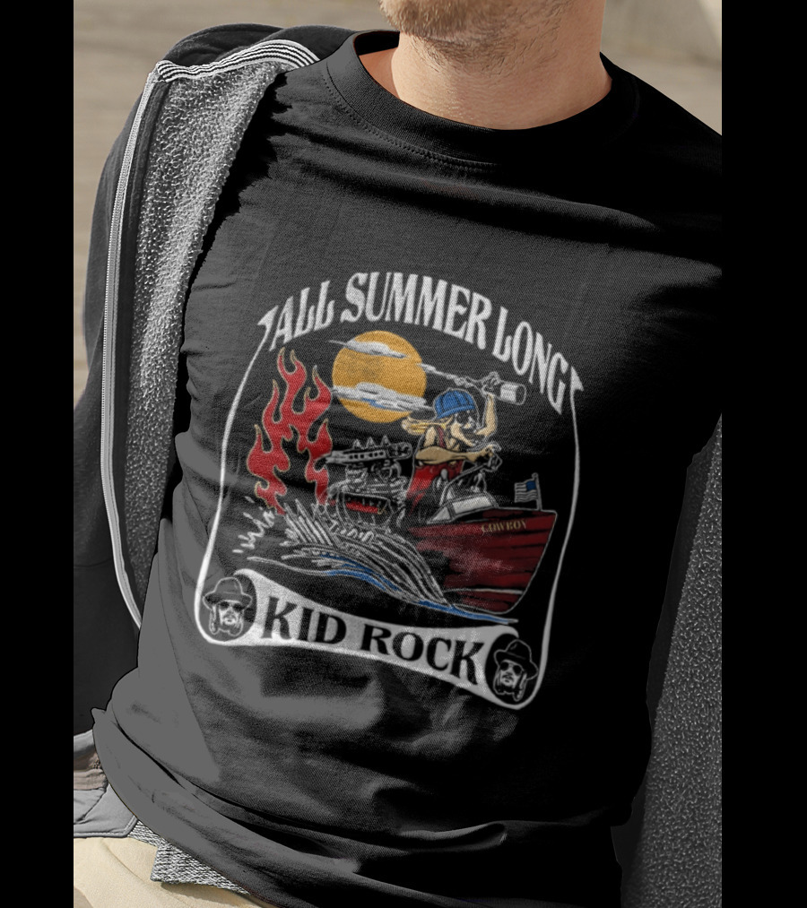 All Summer Long Kid Rock Cartoon Caricature Motorboat Cowboy Sunset Flames T-Shirt