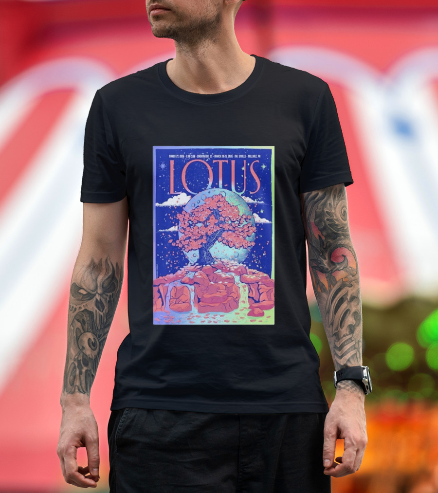 Lotus 2026 Tour By Benjamin Rumble March Tour Dates Illustration Cherry Blossom Moon T-Shirt